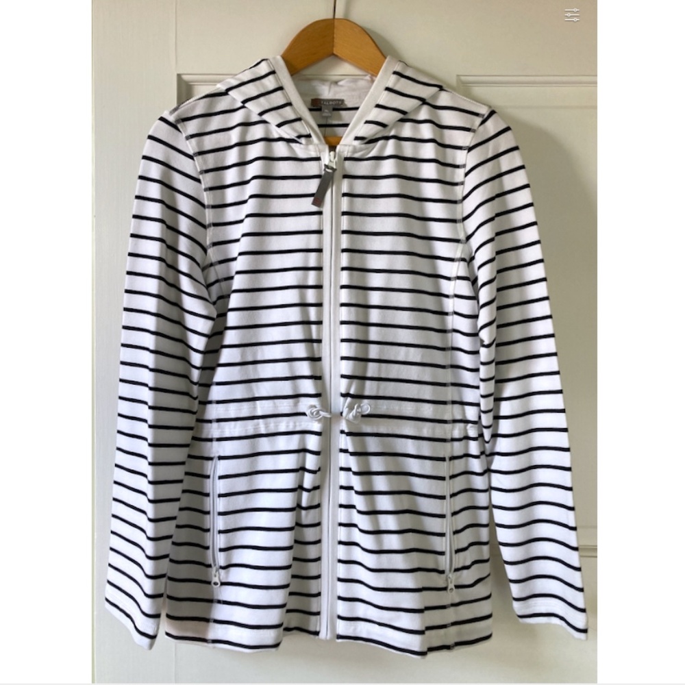NWT T by Talbots Hooded Jacket Size PM French Terry Zip Front Navy Stripe Pocket